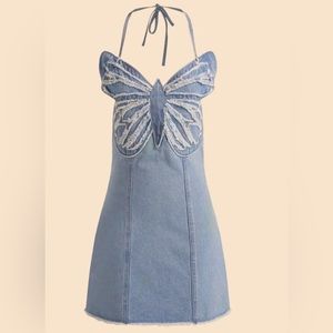 Butterfly Denim Halter Mini Dress